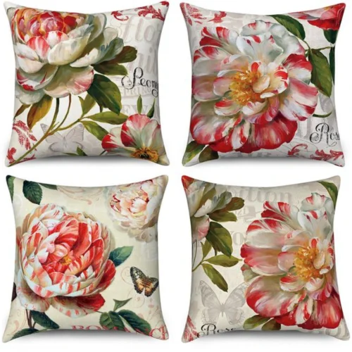 Unyqoos® Set van 4 decoratieve kussenhoezen met bloemenpatroon voor binnen en buiten