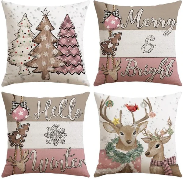 Unyqoos® Set van 4 kerstkussenhoezen met winterse ontwerpen voor huisdecoratie