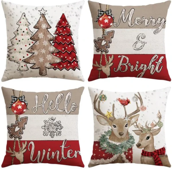 Unyqoos® Set van Vier Decoratieve Kussenhoezen met Kerstthema voor een Feestelijke Woonkamer