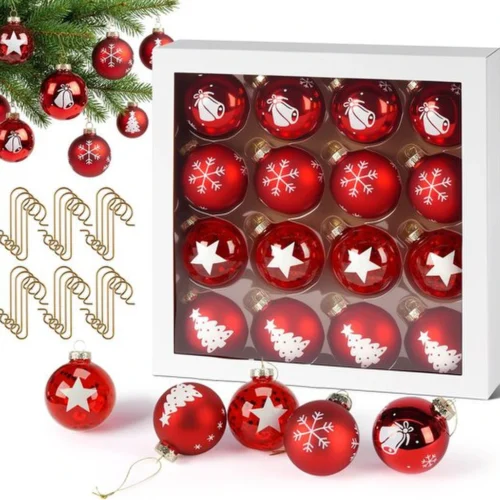 P-87213581579330-20260406093510.webp Unyqoos® Set van 16 rode kerstballen met gouden haken en unieke ontwerpen