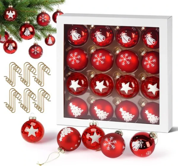 Unyqoos® Set van 16 rode kerstballen met gouden haken en unieke ontwerpen