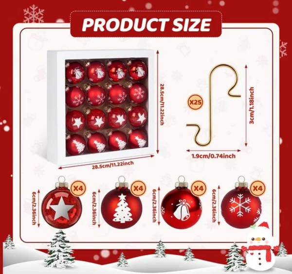 Unyqoos® Set van 16 rode kerstballen met gouden haken en unieke ontwerpen