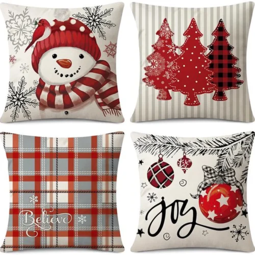 Unyqoos® Set van 4 decoratieve kerst kussenhoezen van linnenstof voor woonkamer