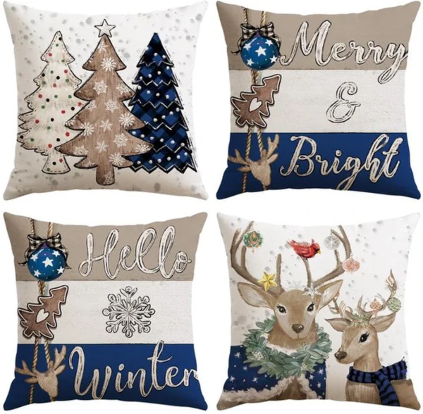 Unyqoos® Set van vier decoratieve kussenhoezen met kerstthema voor sfeervolle inrichting