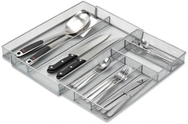 P-87213587407772-20260406095919.webp Unyqoos® Uittrekbare zilverkleurige metalen bestekbak voor georganiseerde keukenlades