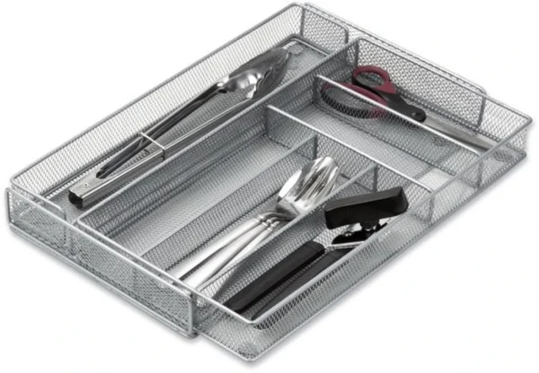 P-87213587407774-20260406095926.webp Unyqoos® Uittrekbare zilverkleurige metalen bestekbak voor georganiseerde keukenlades