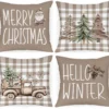Unyqoos® Set van 4 Kerstkussenhoezen met Tartan en Kerstmotieven voor Sfeervolle Decoratie