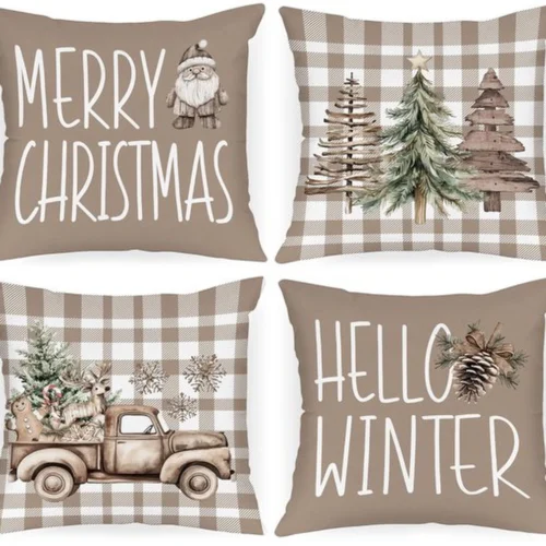 Unyqoos® Set van 4 Kerstkussenhoezen met Tartan en Kerstmotieven voor Sfeervolle Decoratie
