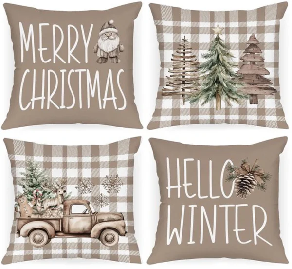 Unyqoos® Set van 4 Kerstkussenhoezen met Tartan en Kerstmotieven voor Sfeervolle Decoratie
