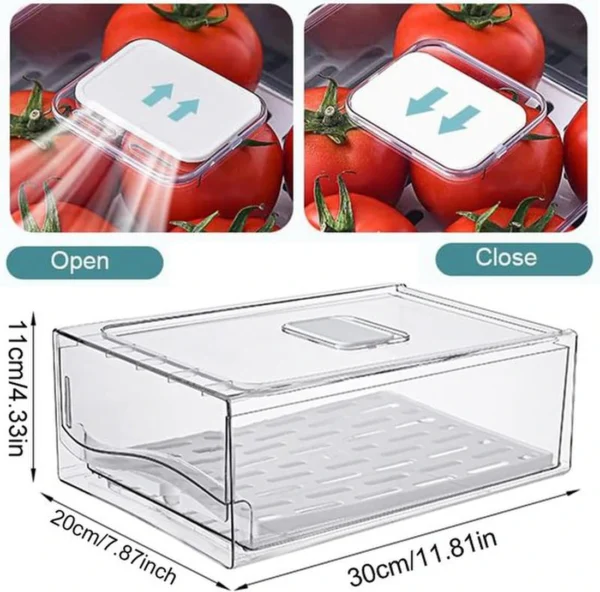 P-87213588003033-20260406095501.webp Unyqoos® Transparante en stapelbare koelkastopbergdoos met afdruipmand en handgreep