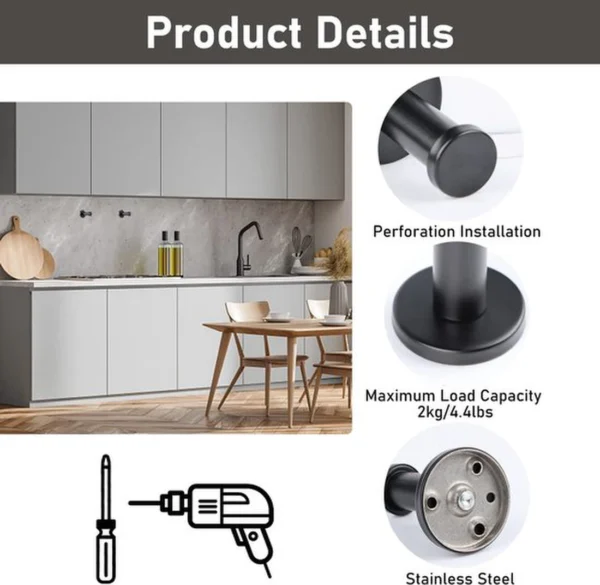 P-87213589306353-20260406120639.webp Unyqoos® Set van 8 zwarte roestvrijstalen wandhaken voor diverse ruimtes