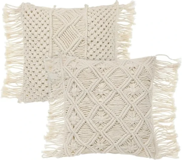 Macramé Kussenhoes, Decoratief Kussen, 45 x 45 cm, Set van 2, Boho Kussen, Beige voor Sofa, Woonkamer, Slaapkamer, Vintage Kussenhoes, 100% Katoen